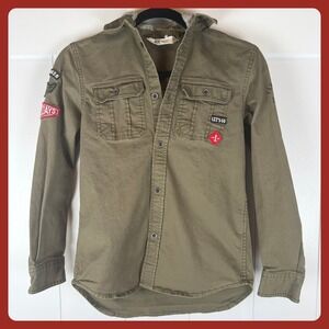 H&M Kids Olive Green Hooded‎ Shirt Jacket Patches Military Style Size 11 12